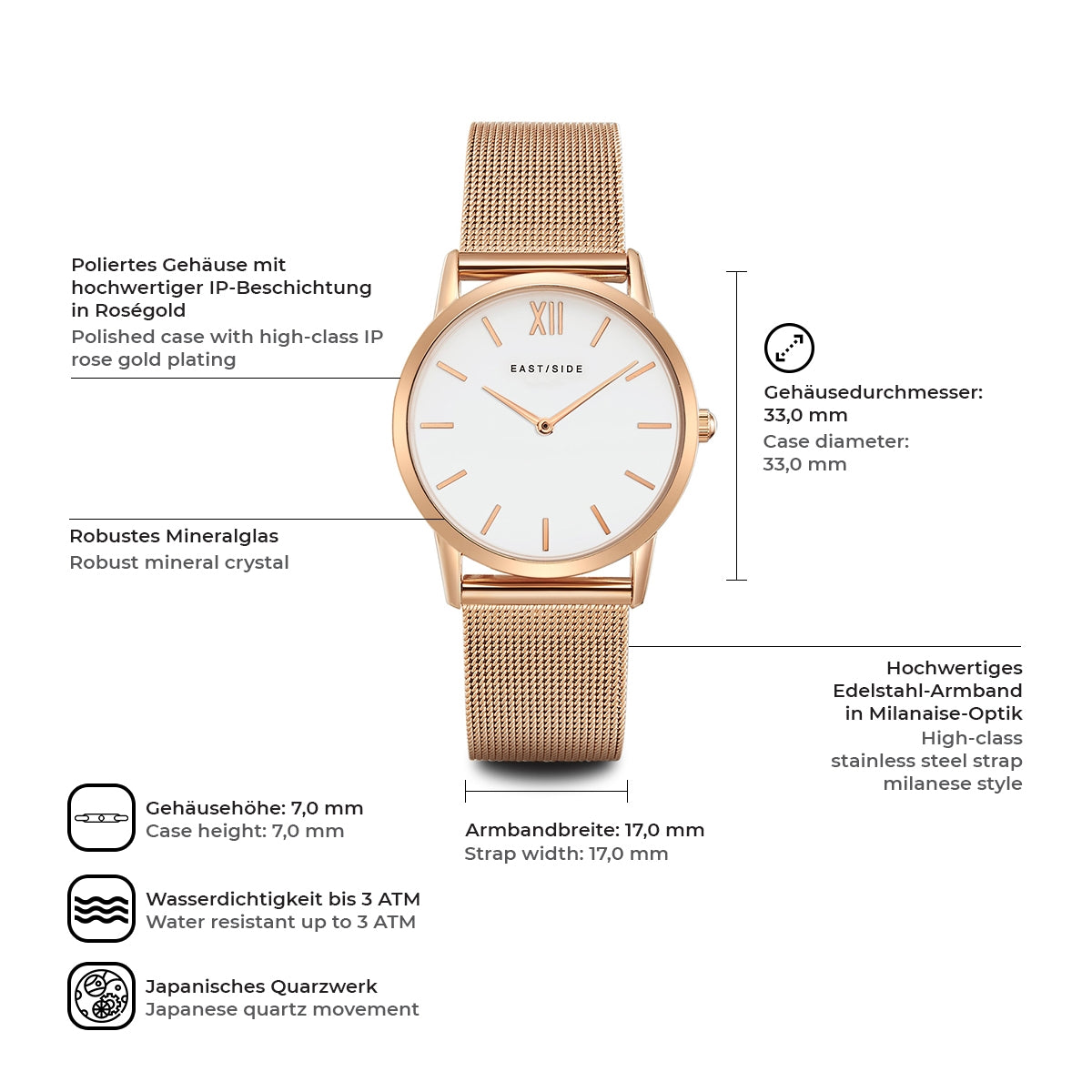 Damen Quarzuhr roségold Edelstahl roségold