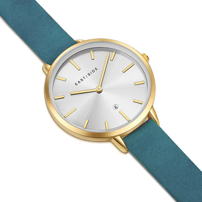 Damen Quarzuhr gelbgold Echtleder petrol