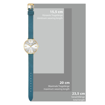 Damen Quarzuhr gelbgold Echtleder petrol