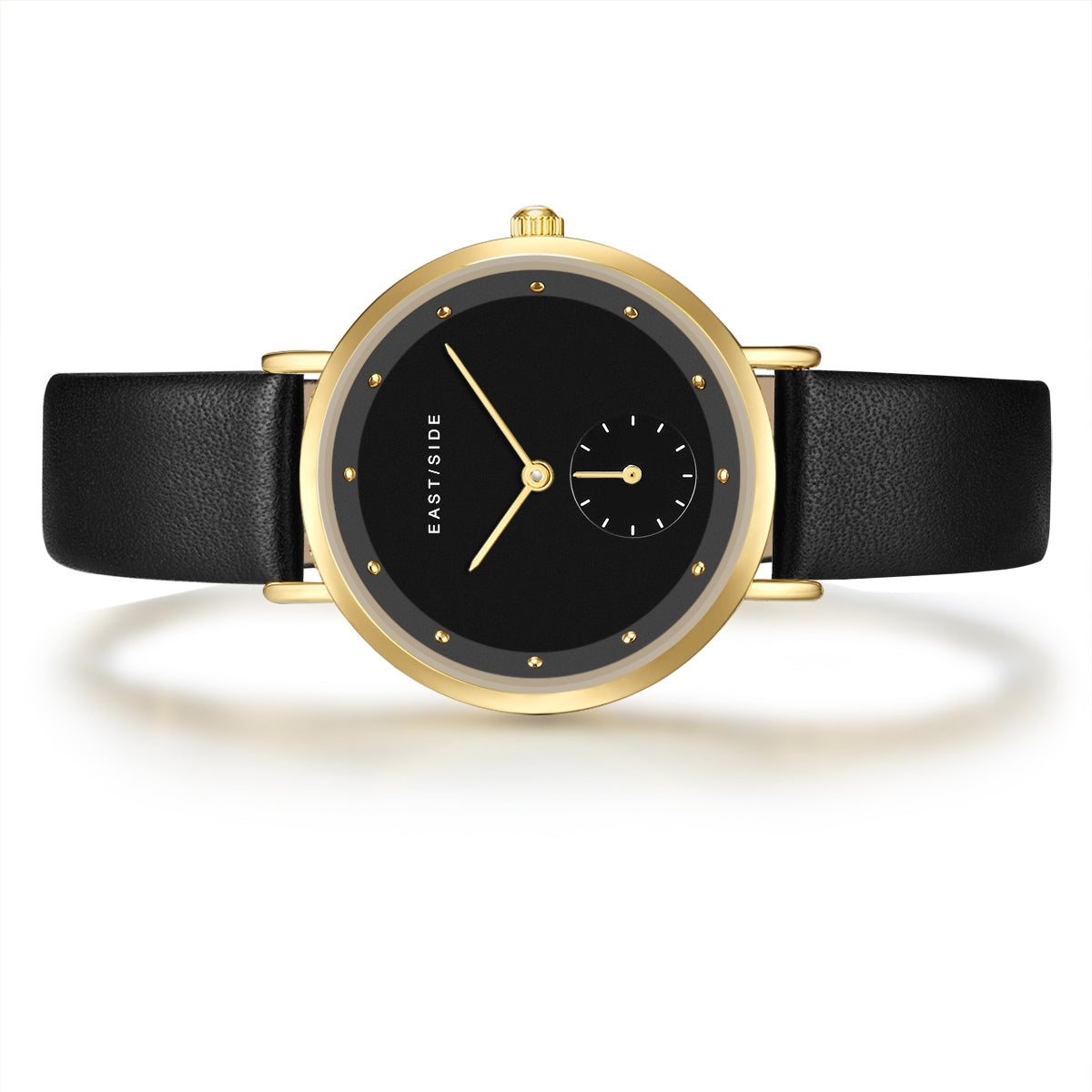 Damen Quarzuhr gelbgold Echtleder schwarz