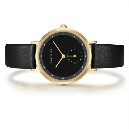 Damen Quarzuhr gelbgold Echtleder schwarz