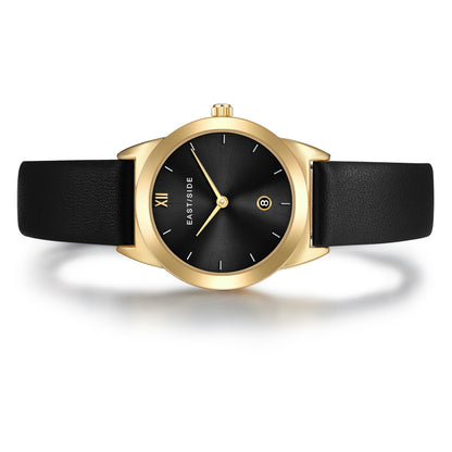 Damen Quarzuhr gelbgold Echtleder schwarz