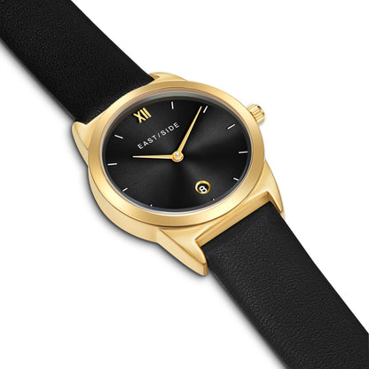 Damen Quarzuhr gelbgold Echtleder schwarz
