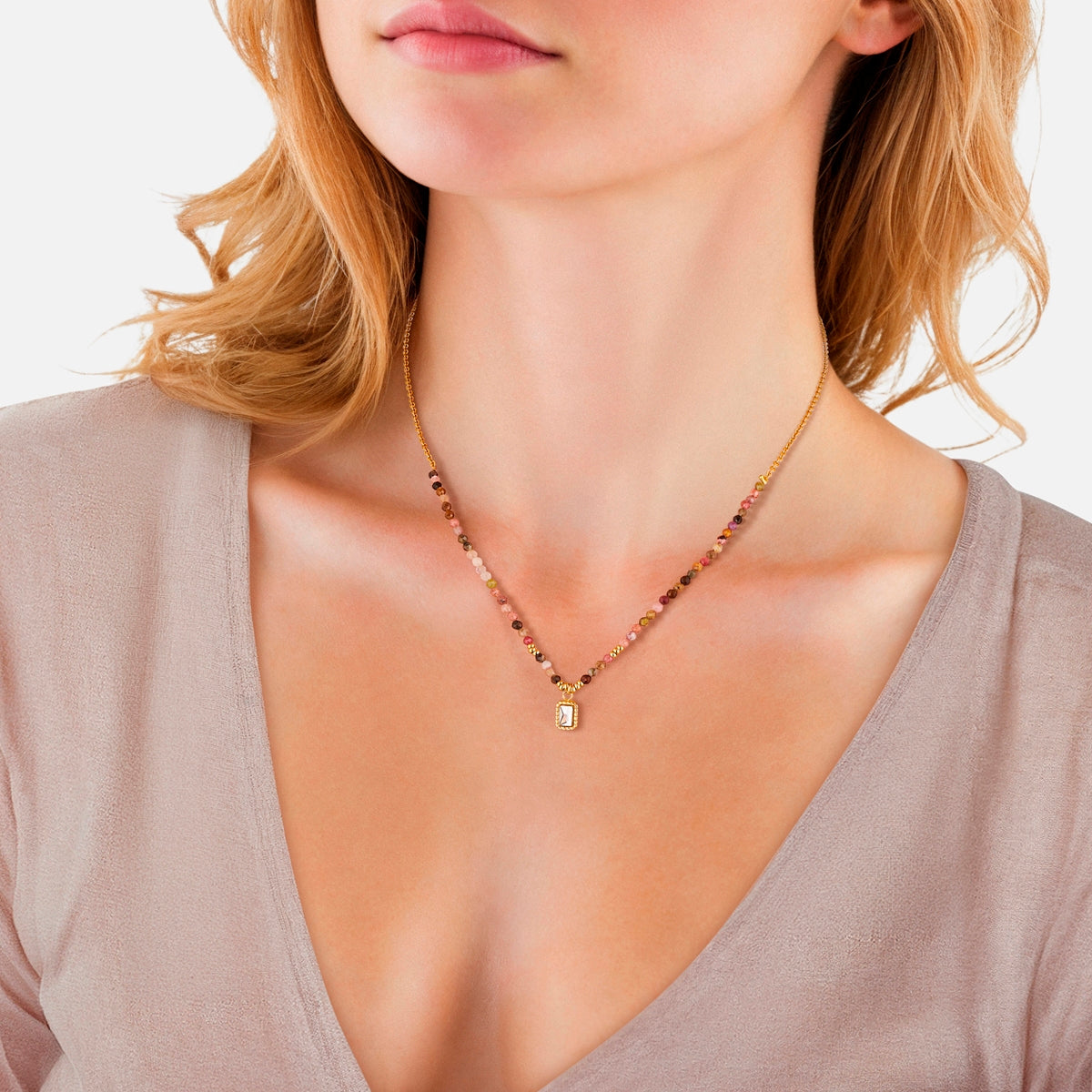 Kette mit Anhänger Edelstahl gelbgold Zirkonia weiß Turmalin multicolor