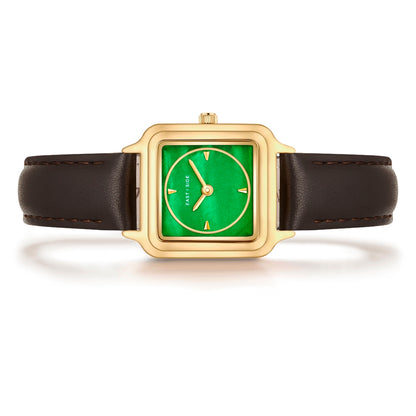 Damen Quarzuhr gelbgold Echtleder dunkelbraun