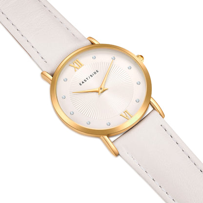 Damen Quarzuhr gelbgold Echtleder weiß