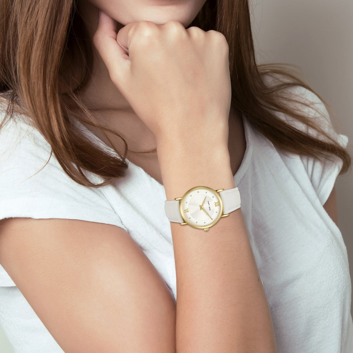 Damen Quarzuhr gelbgold Echtleder weiß
